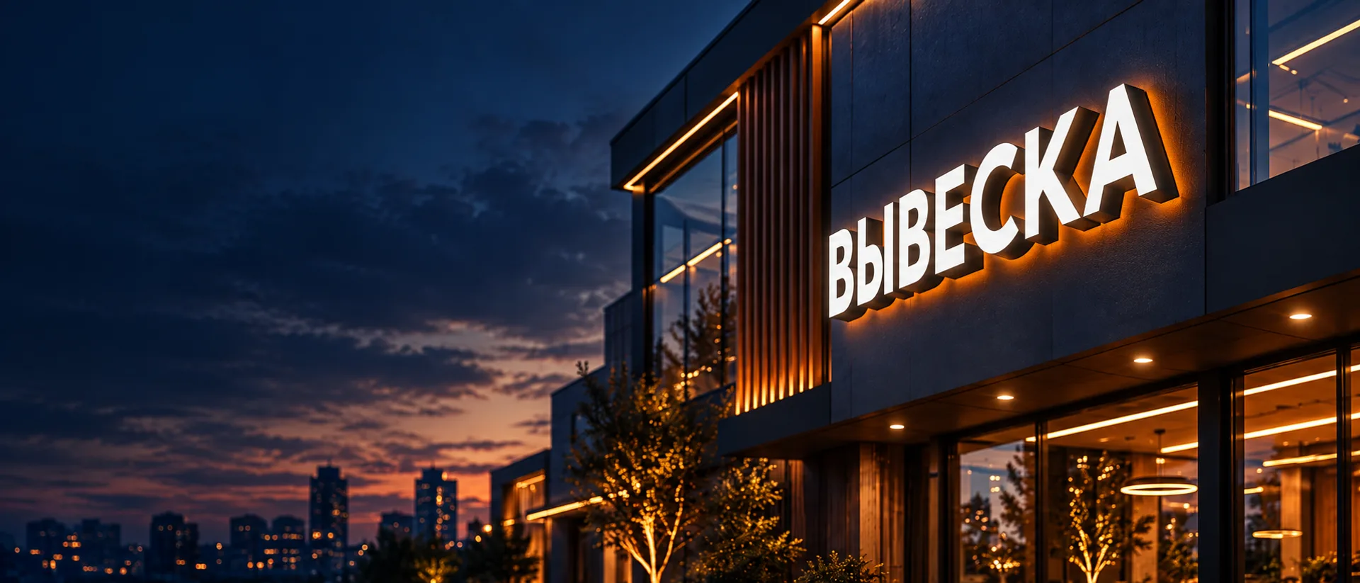 Световая вывеска на фасаде здания в сумерках